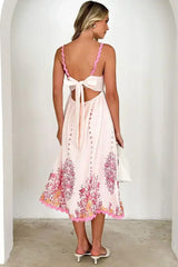 Pink Floral Ric Rac Spaghetti Strap Backless Dress - Femstylo