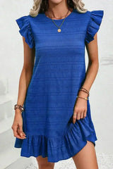 Dark Blue Textured Flutter Sleeve Ruffle Mini Dress - Femstylo