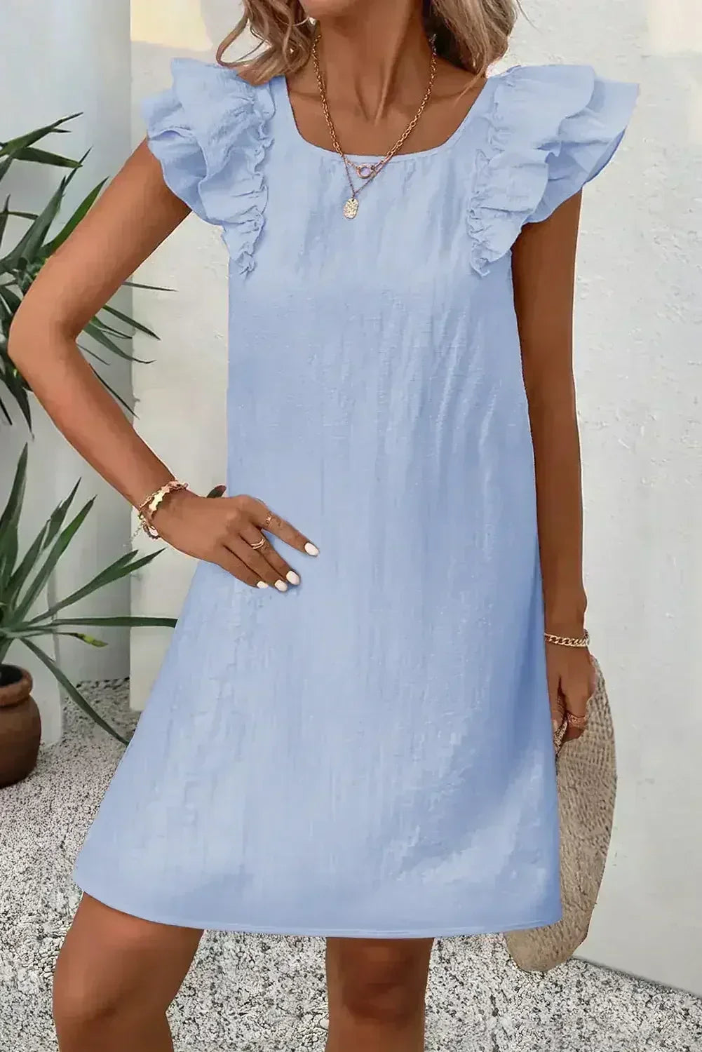 Light Pink Textured Flutter Sleeve Square Neck Bow Back Mini Dress - Femstylo