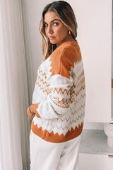 Khaki Zigzag Geometric Pattern Knitted Pullover Sweater - Femstylo
