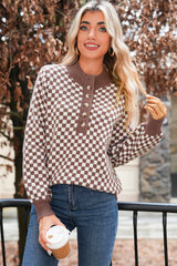Dark Brown Plaid Contrast Trim Button Neck Sweater - Femstylo