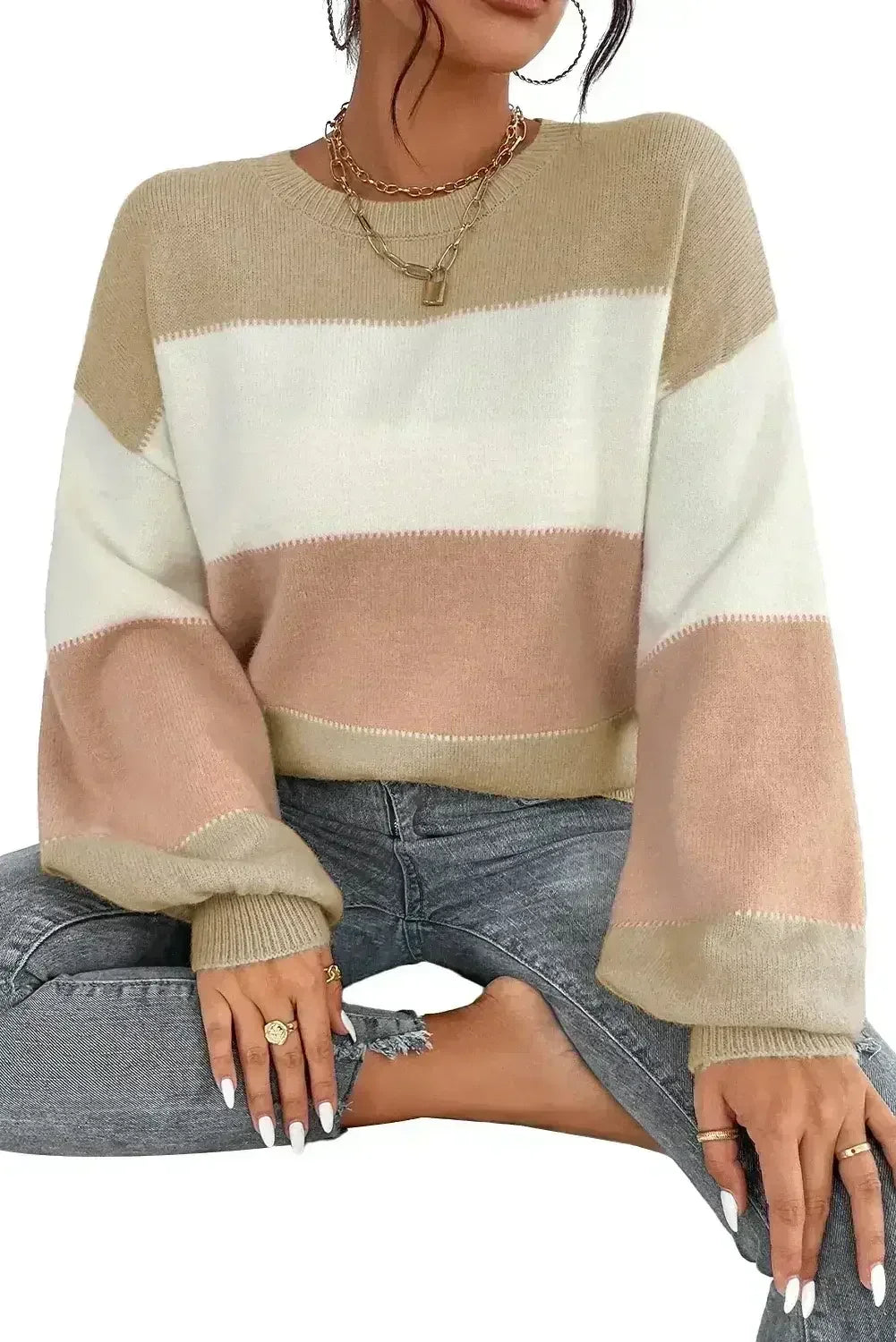 Dusty Pink Color Block Lantern Sleeve Drop Shoulder Sweater - Femstylo