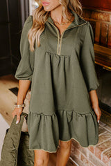 Jungle Green  Quarter Zip Collar Bracelet Sleeve Textured Mini Dress