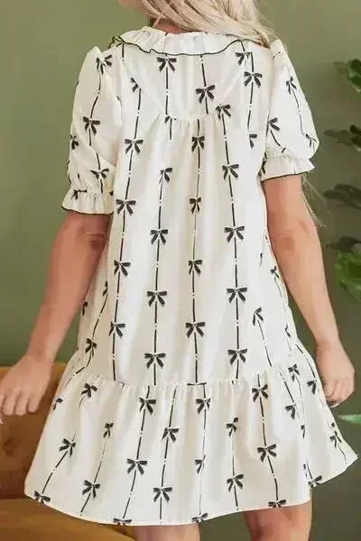 Frill Bow Print Notched Short Sleeve Mini Dress - Femstylo