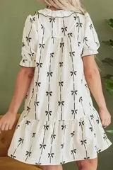 Frill Bow Print Notched Short Sleeve Mini Dress - Femstylo