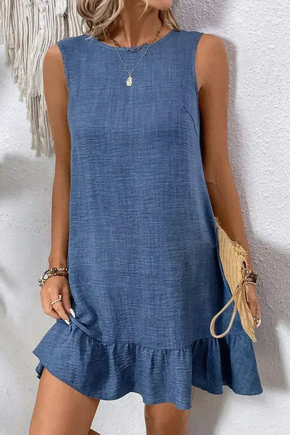 Ashleigh Blue Sleeveless Knot Backless Ruffle Hem Mini Dress - Femstylo
