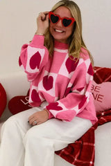 Pink Love Heart Checkered Valentine Knit Sweater - Femstylo