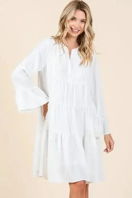 Mittoshop Tiered Notched Flare Sleeve Dress - Femstylo