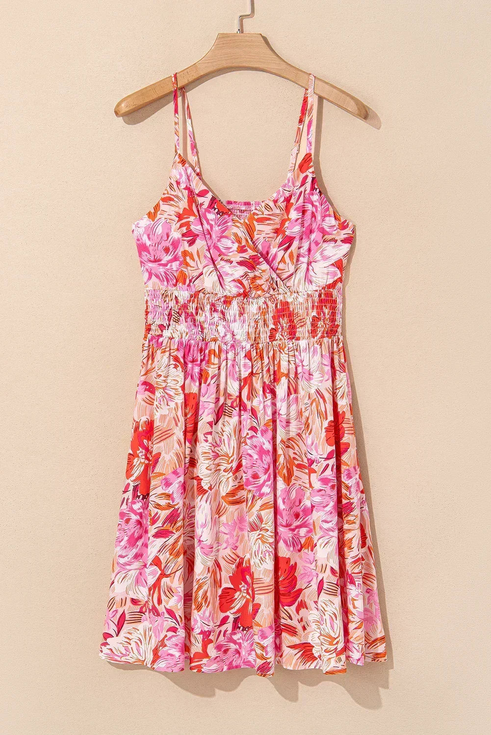 Red Floral Spaghetti Strap Surplice Neck Shirred Waist Mini Dress
