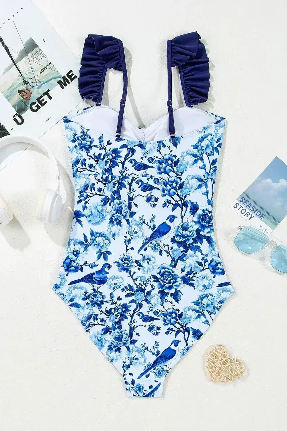 Blue Cutout Ruffle Spaghetti Strap One-Piece Swimwear - Femstylo
