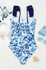 Blue Cutout Ruffle Spaghetti Strap One-Piece Swimwear - Femstylo