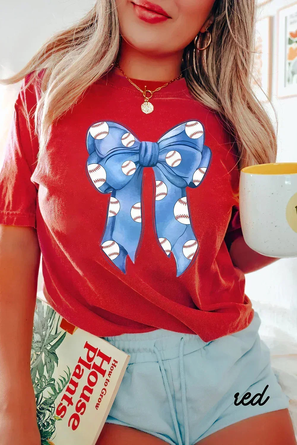 Red Baseball Bowknot Graphic Crew Neck Tee