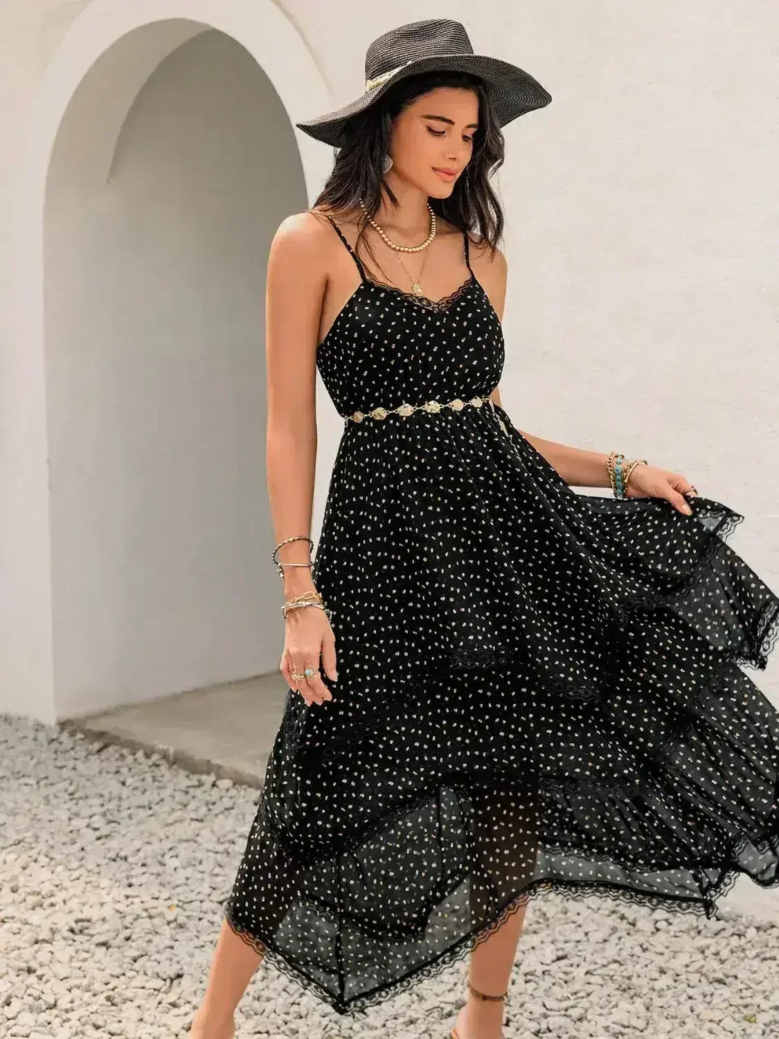 Lace Detail Layered Printed Midi Cami Dress - Femstylo