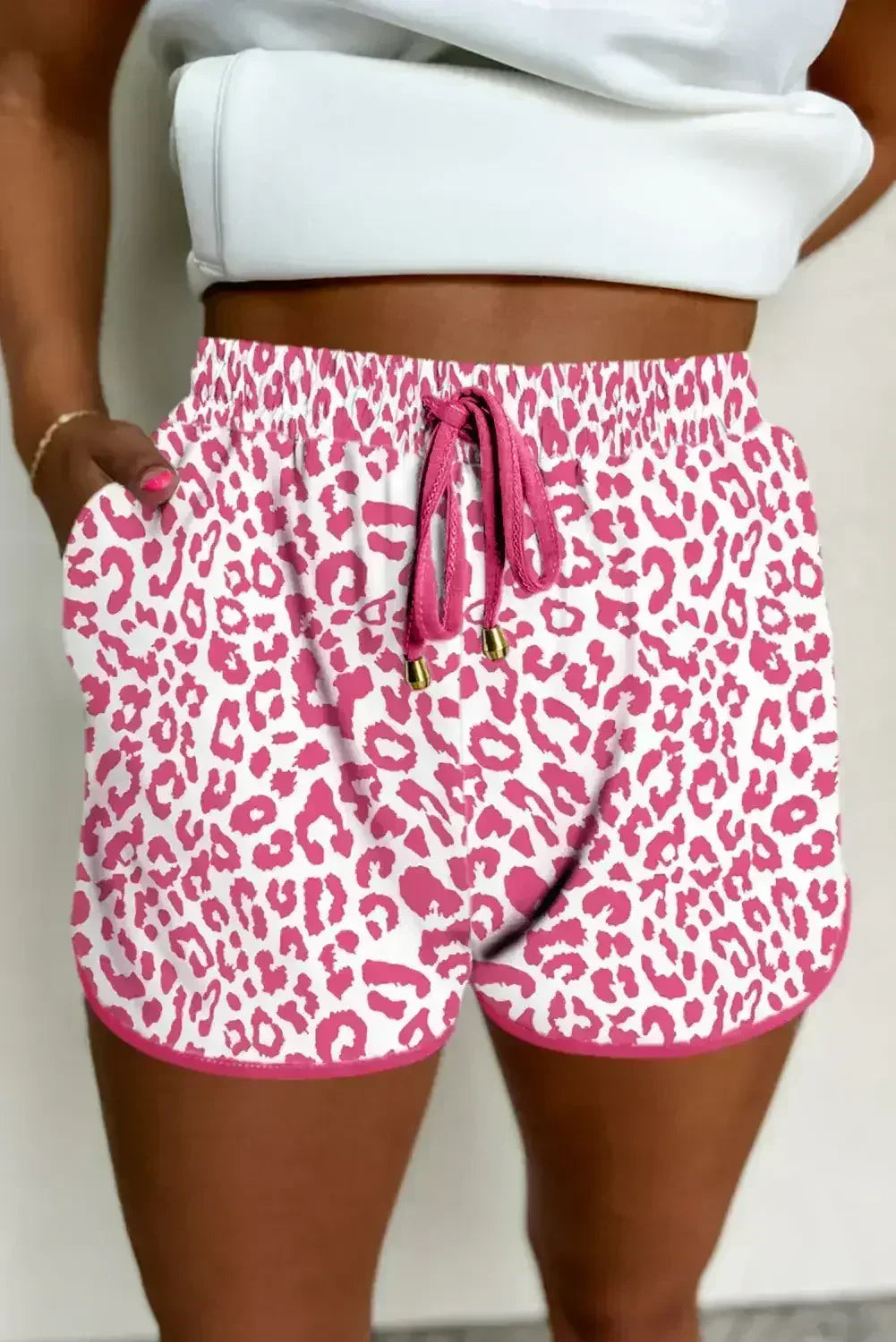 Blue Leopard Elastic Waist Lace up Contrast Trim Casual Shorts - Femstylo