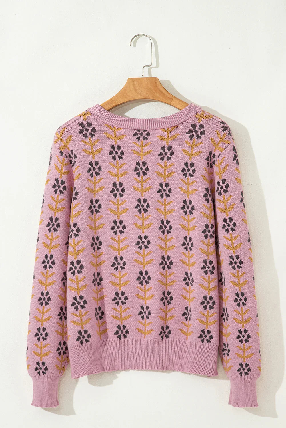 Pink Floral Button Down Ribbed Trim Knit Cardigan