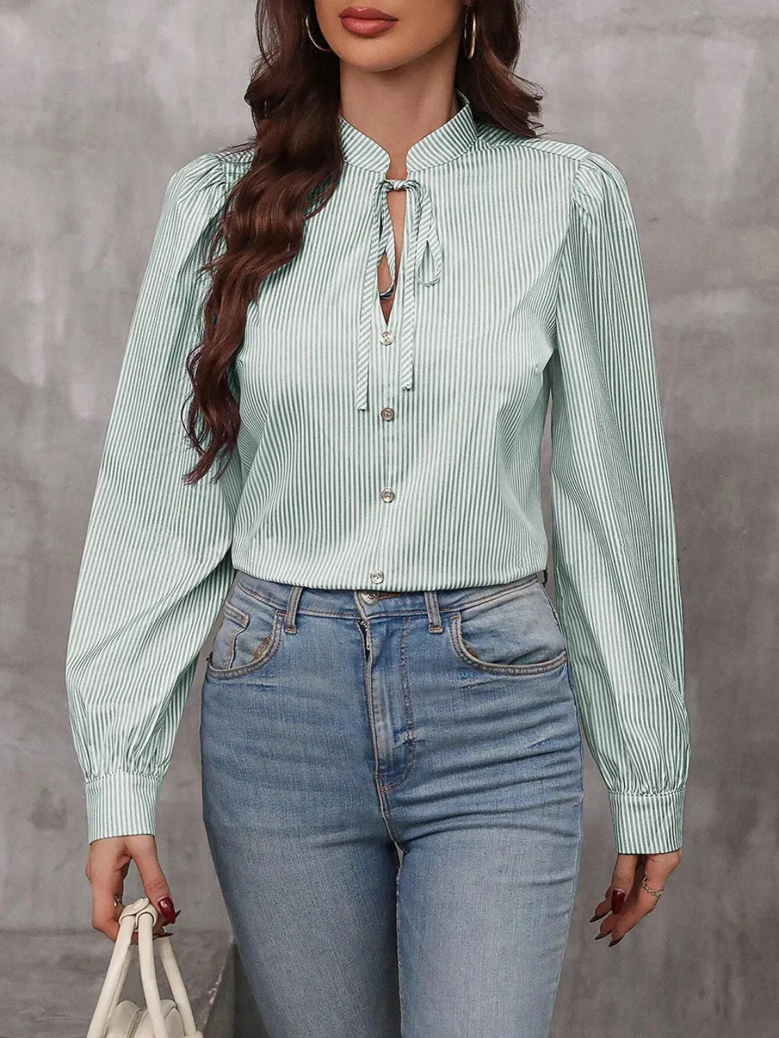 Striped Tie Neck Long Sleeve Blouse - Femstylo