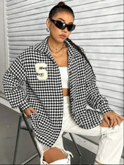 Houndstooth Button Down Long Sleeve Shacket - Femstylo