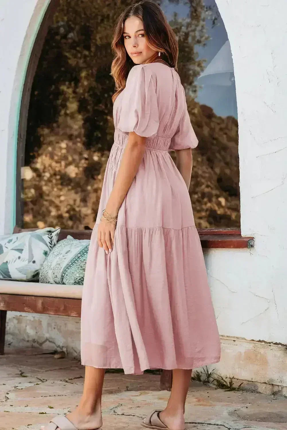Light Blue Puff Sleeve High Waist Flowy Midi Dress - Femstylo