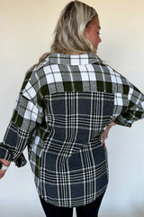 Black Plaid Print Textured Knit Buttoned Shacket