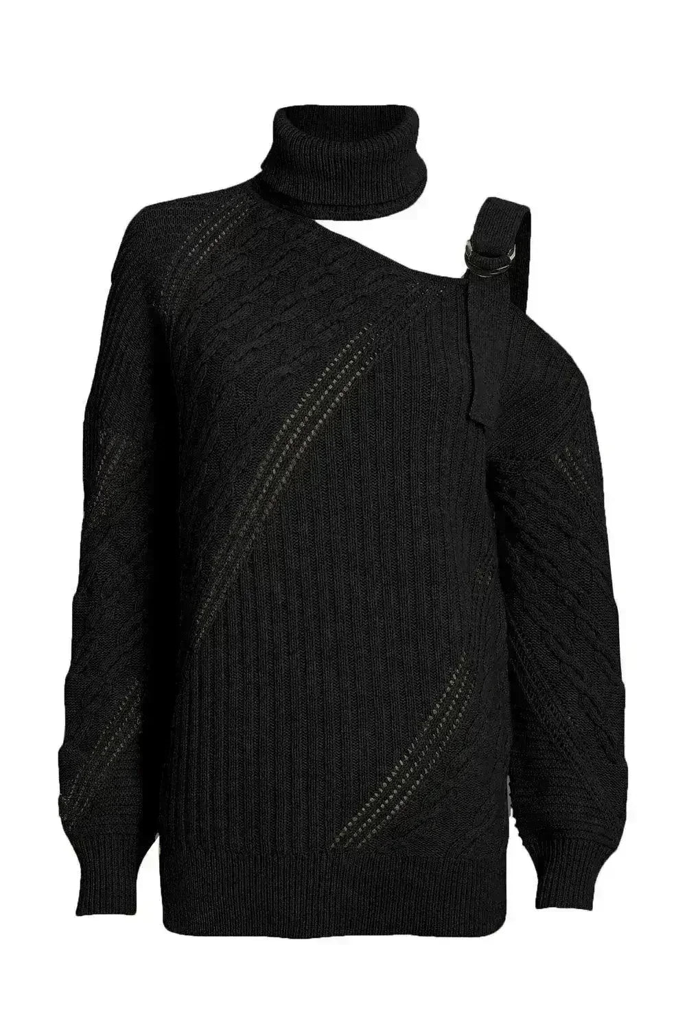Winter Black Strapped Cut out Shoulder Turtleneck Sweater - Femstylo