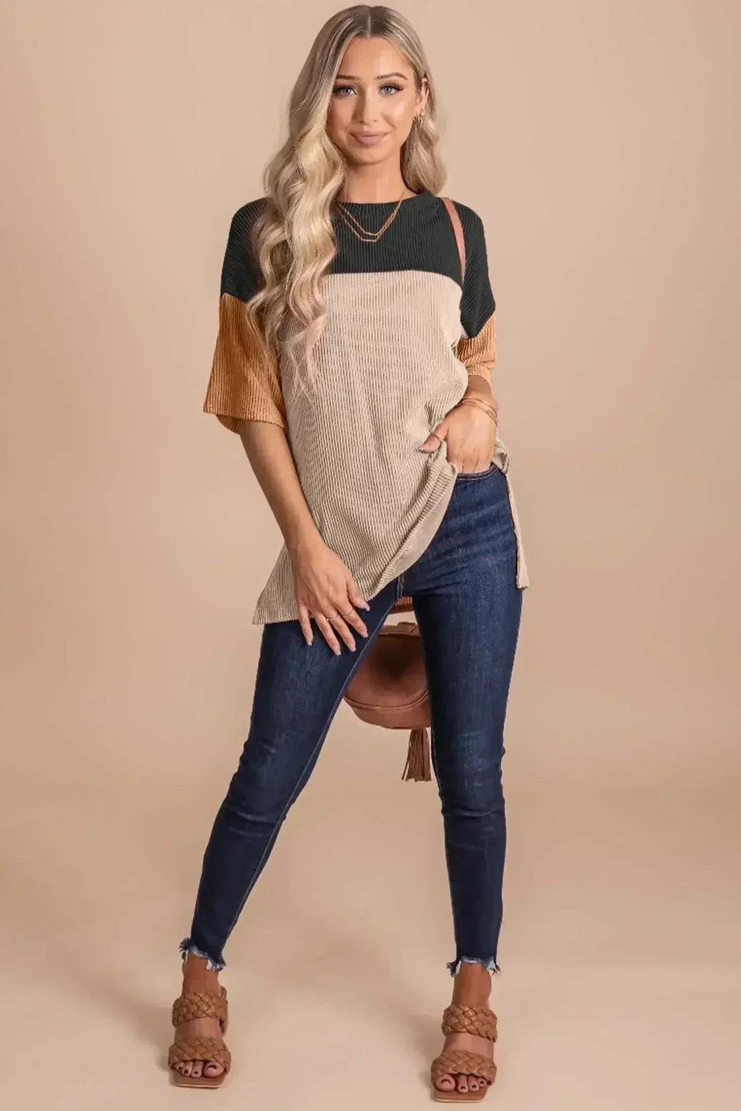 Black Color Block Ribbed Side Slits Half Sleeve Top - Femstylo