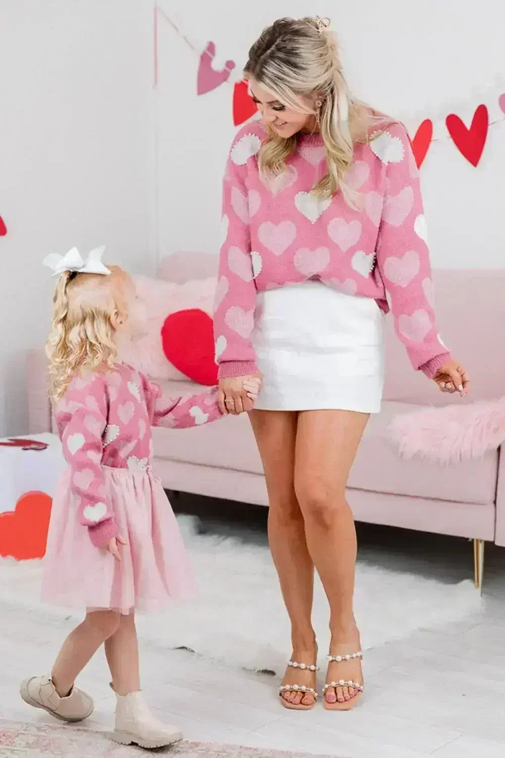 Pink Pearl Heart Print Valentines Crew Neck Sweater - Femstylo