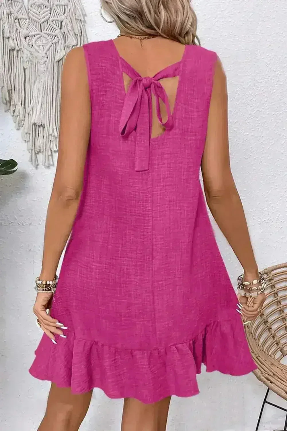 Ashleigh Blue Sleeveless Knot Backless Ruffle Hem Mini Dress - Femstylo