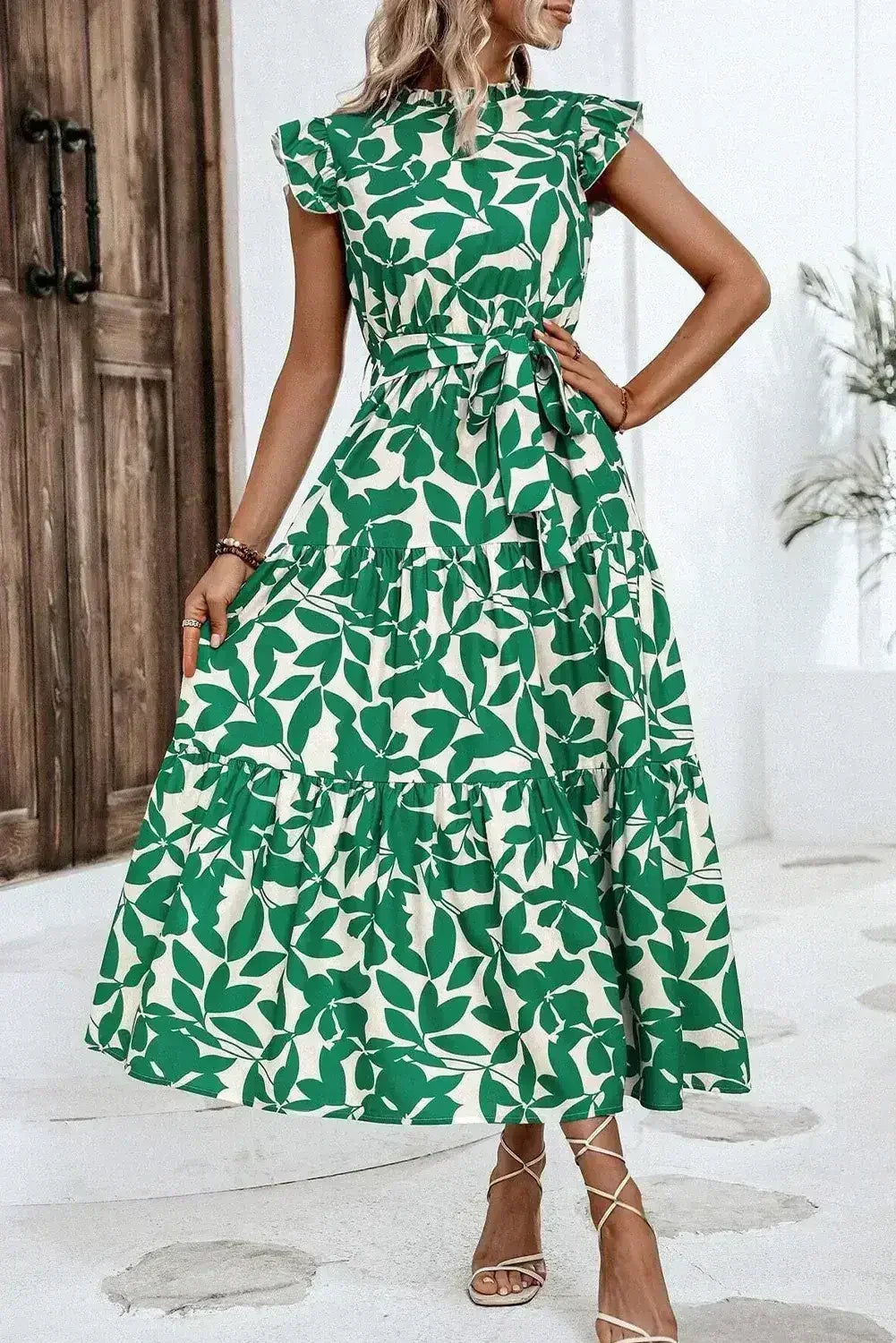 Green Leaf Print Ruffle Mock Neck High Waist Sleeveless Dress - Femstylo