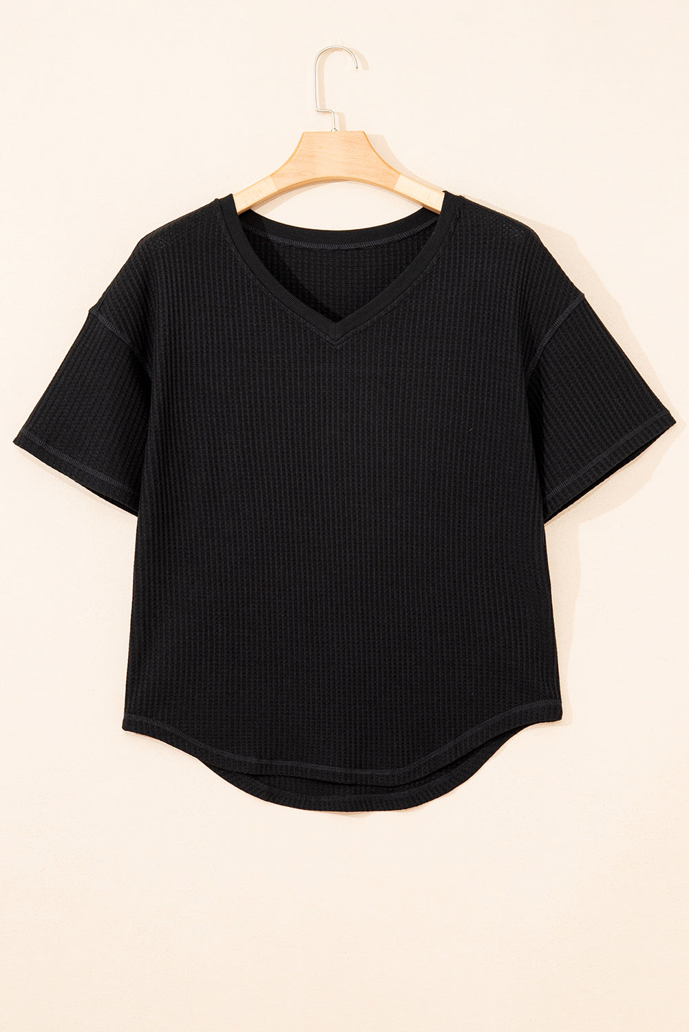 White Waffle Texture V Neck Drop Shoulder Loose Tee