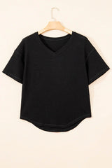 White Waffle Texture V Neck Drop Shoulder Loose Tee