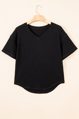 White Waffle Texture V Neck Drop Shoulder Loose Tee