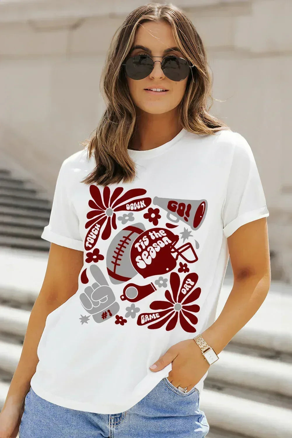 White Touch Down Game Day Tis Season Graphic Crew Neck Tee