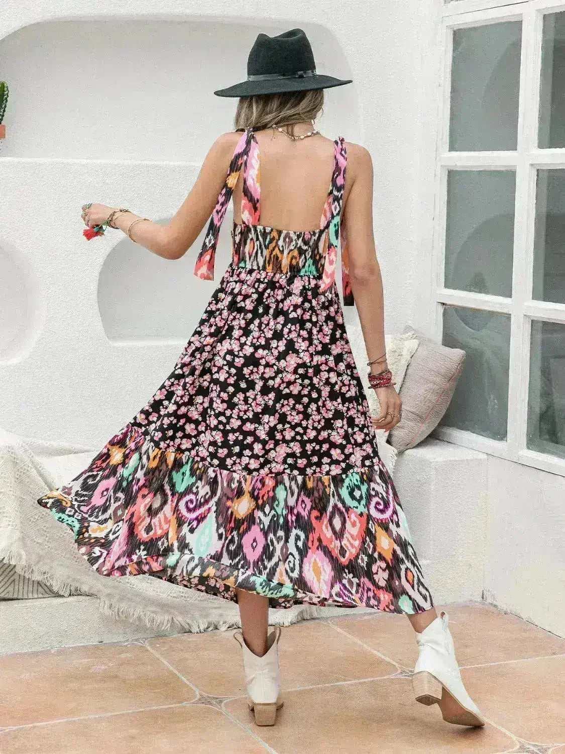 Printed Plunge Midi Dress | Sleeveless Tied Waist | Polyester - Femstylo