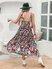 Printed Plunge Midi Dress | Sleeveless Tied Waist | Polyester - Femstylo