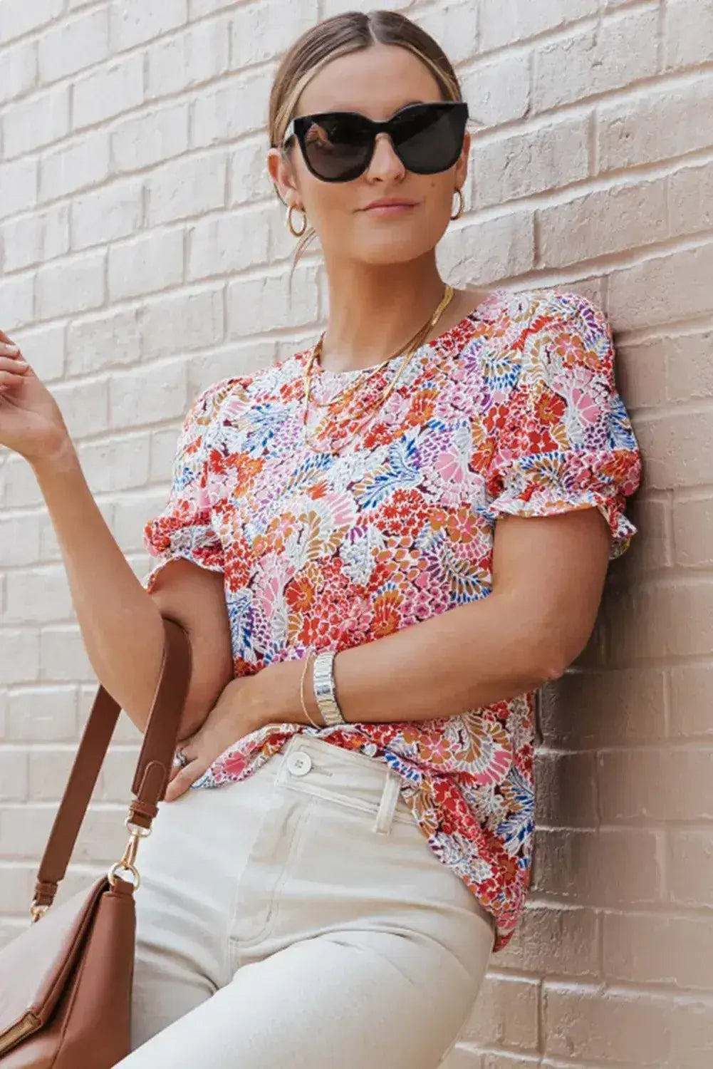 Floral Bubble Sleeve Blouse - Multicolor Print Top | Femstylo - Femstylo