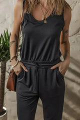 Black Casual Tank Style Tie Waist Pocketed Jogger Jumpsuit - Femstylo