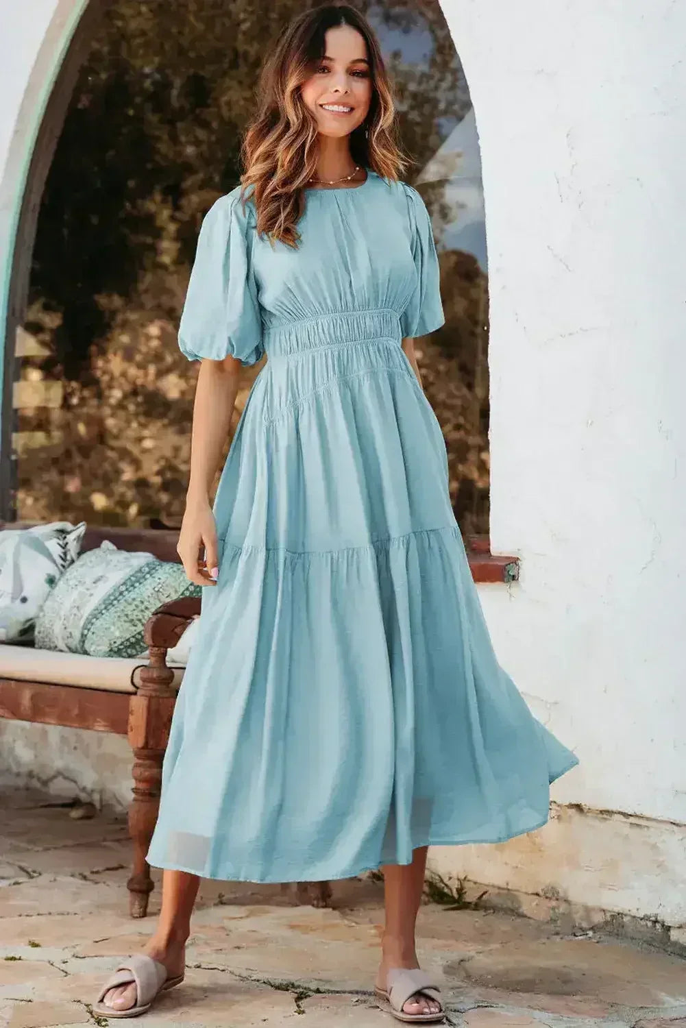 Light Blue Puff Sleeve High Waist Flowy Midi Dress - Femstylo