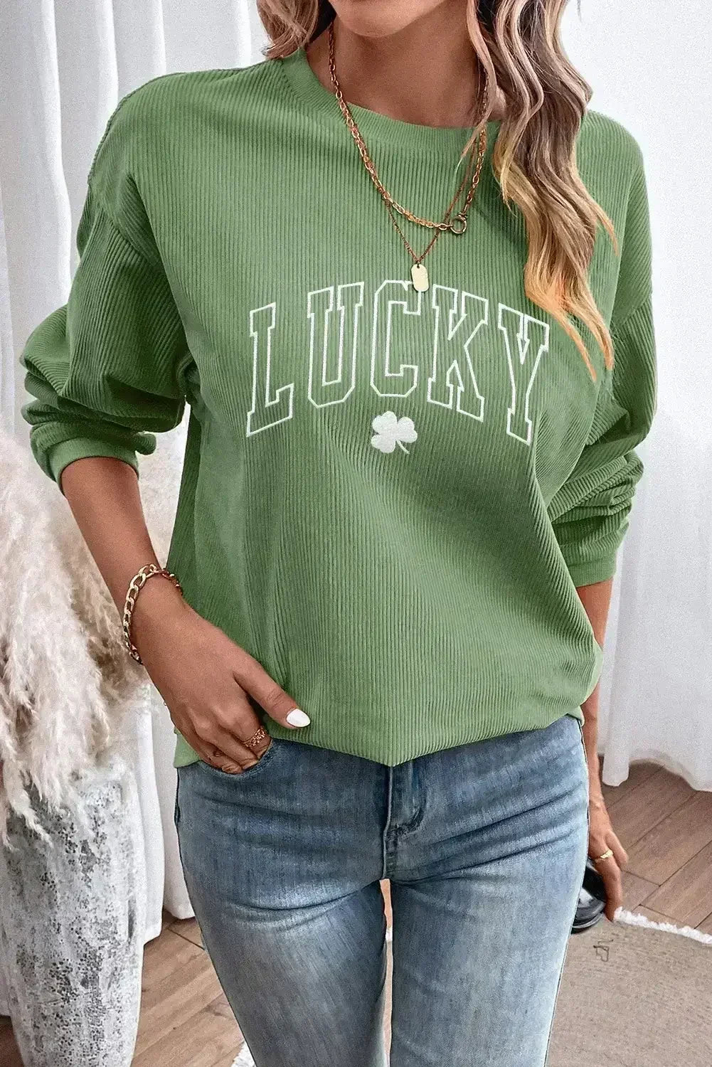 Grass Green LUCKY Clover Drop Shoulder Ribbed St Patrick Sweatshirt - Femstylo