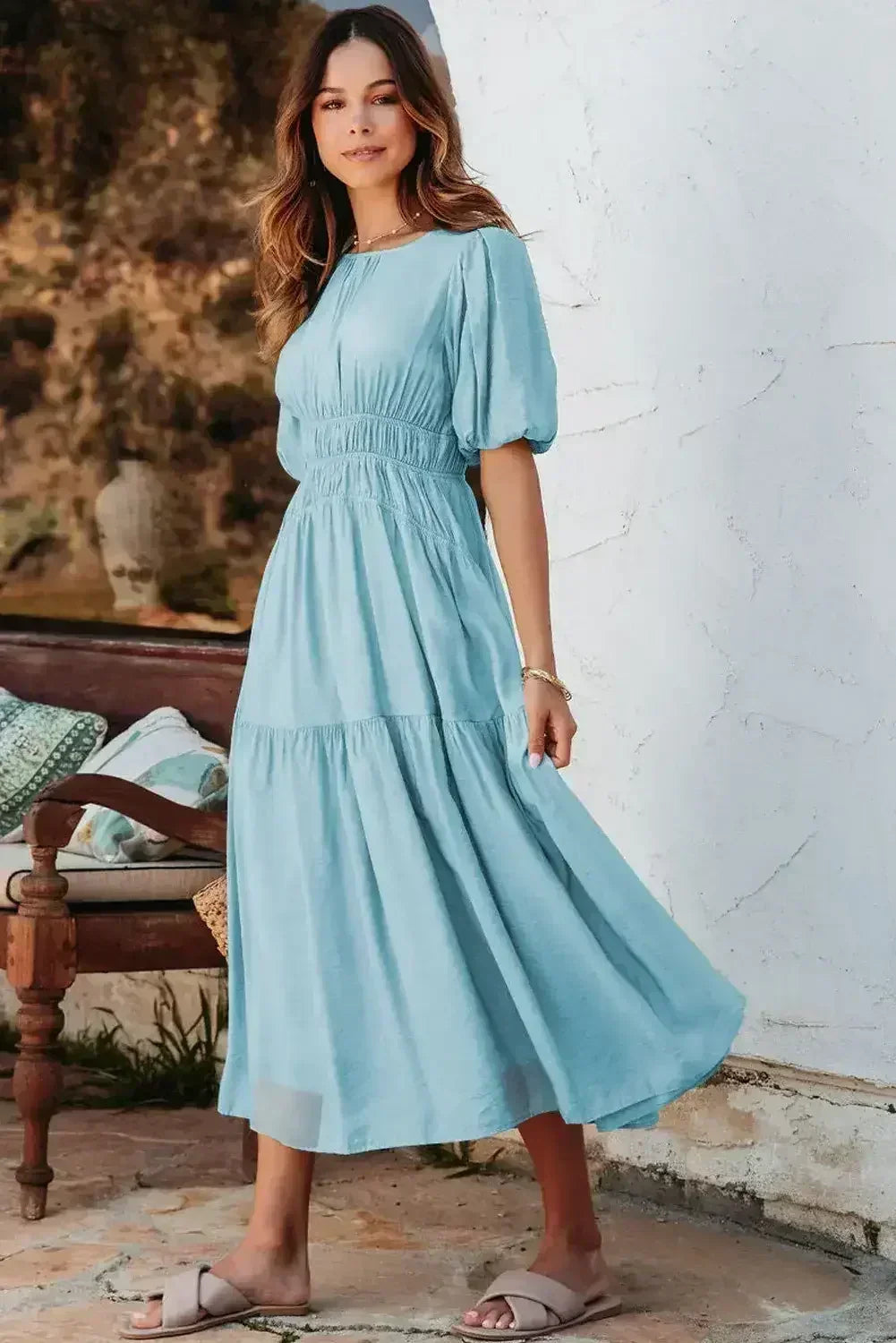 Light Blue Puff Sleeve High Waist Flowy Midi Dress - Femstylo