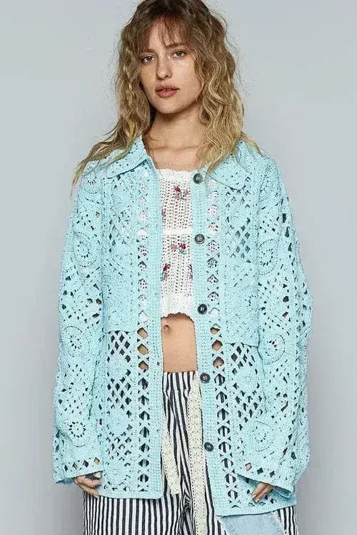 POL Crochet Button Up Cardigan with Chest Patch Pockets - Femstylo