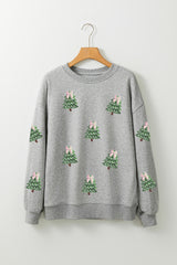Gray Sequined Xmas Tree Patched Patterned Holiday Pullover Sweatshirt