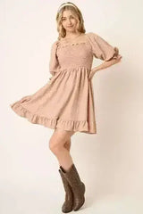 Mittoshop Smocked Ruffled Hem Half Sleeve Mini Dress - Femstylo