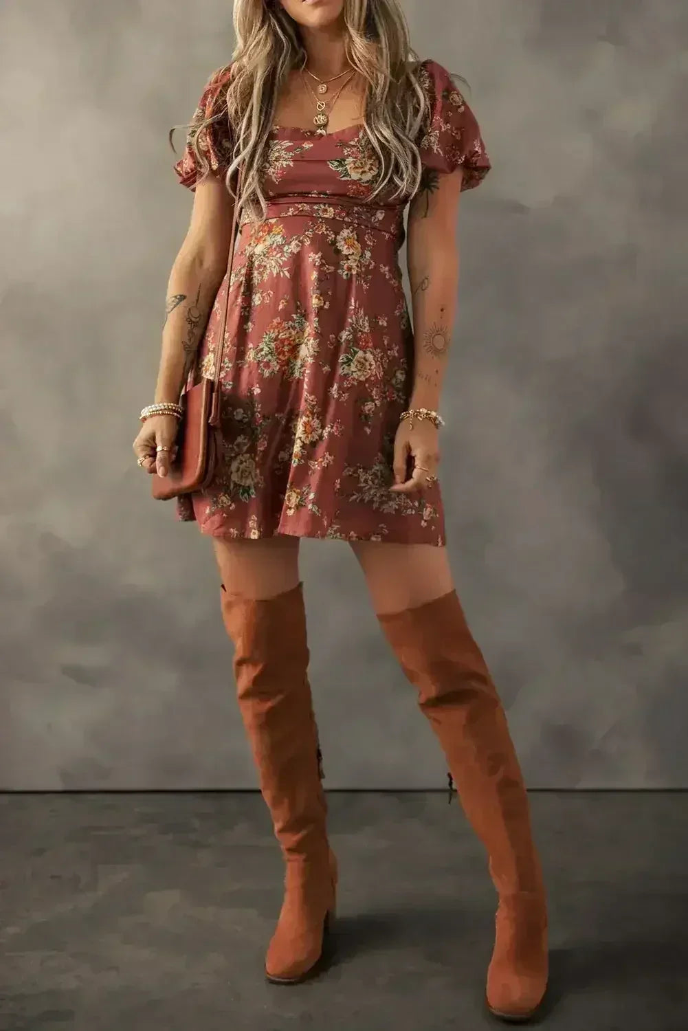 Red Floral Puff Sleeve Square Neck Knot Open Back Mini Dress - Femstylo