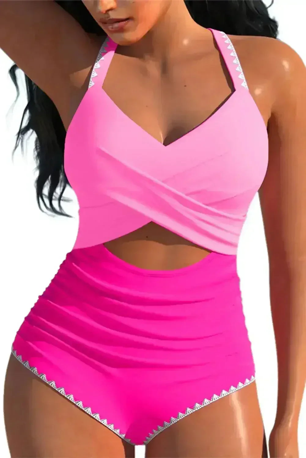 Rose Red Ric Rac Trim Colorblock Cutout One Piece Swimsuit - Femstylo