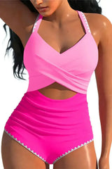 Rose Red Ric Rac Trim Colorblock Cutout One Piece Swimsuit - Femstylo