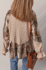 Oatmeal Boho Floral Plaid Patchwork Waffle Knit Distressed Jacket