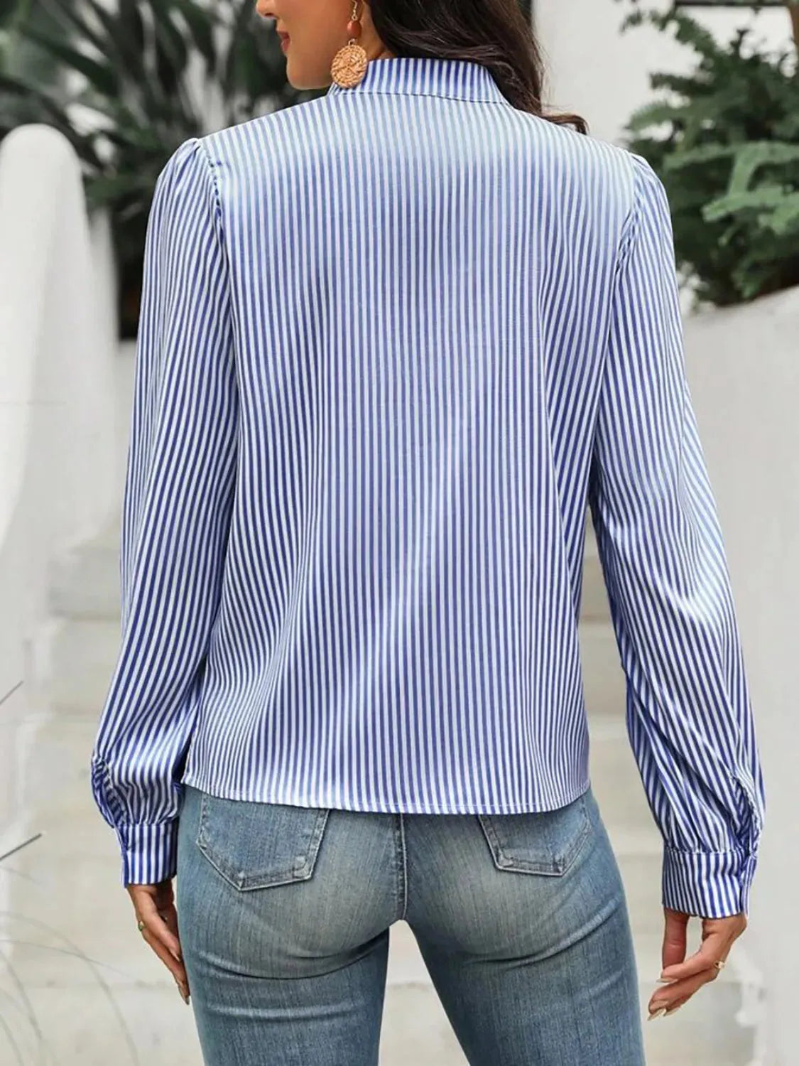 Striped Tie Neck Long Sleeve Blouse - Femstylo