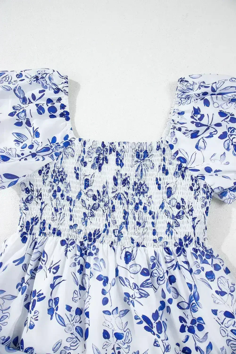 Sky Blue Floral Print Square Neck Bubble Sleeve High Waist Maxi Dress - Femstylo