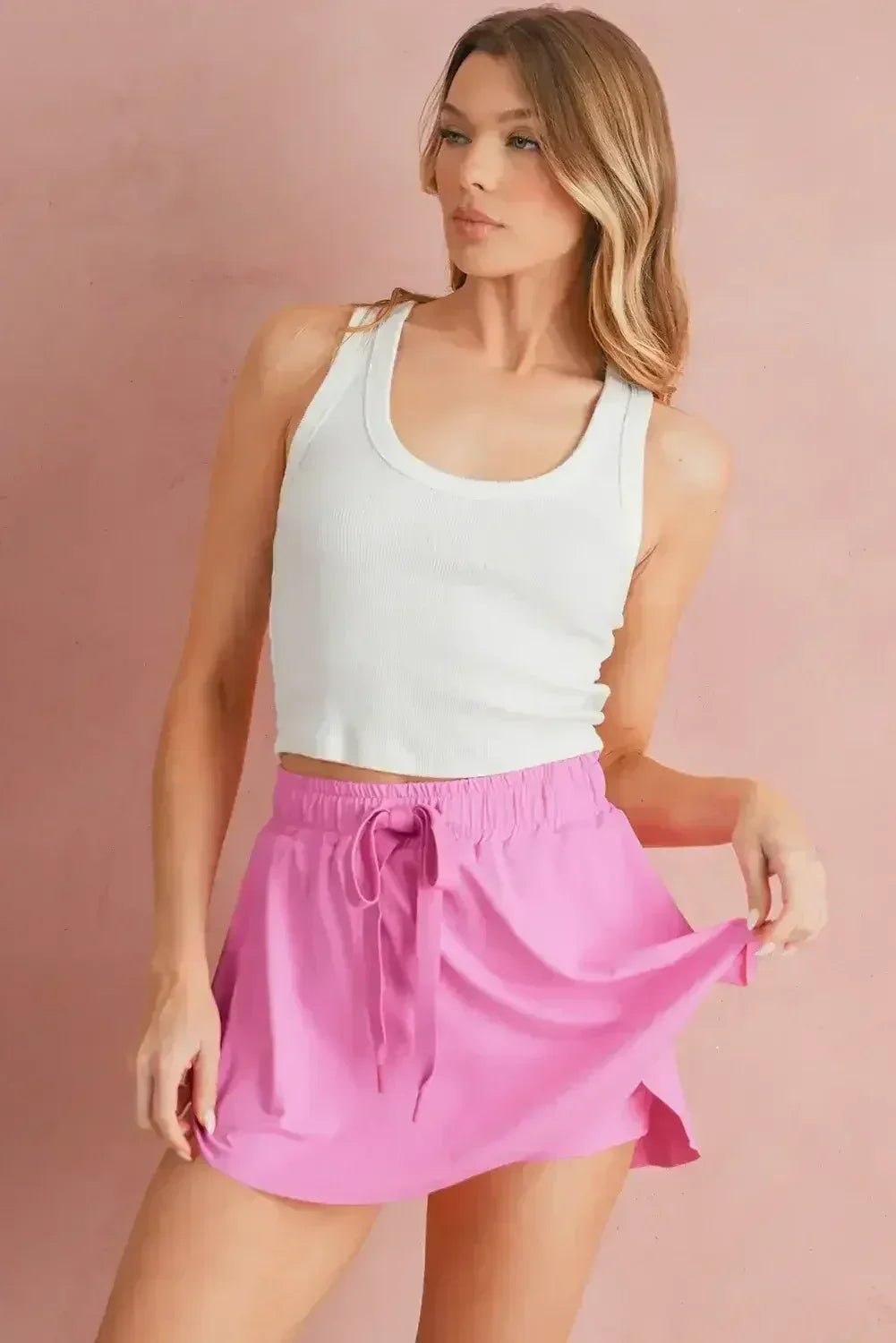 Light Green Drawstring High Waist Lined Tennis Skort - Femstylo