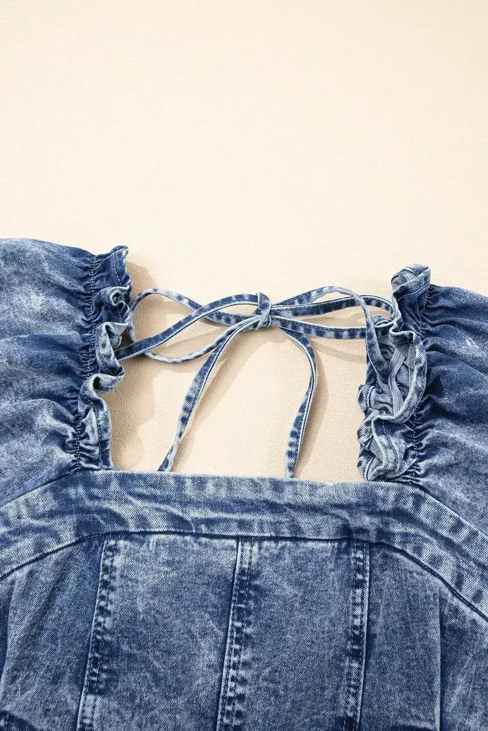 Blue Frill Square Neck Puff Sleeve Backless Denim Dress - Femstylo
